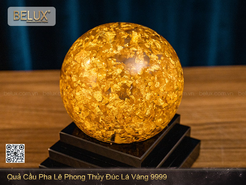 Quả Cầu Pha Lê Phong Thủy Đúc Lá Vàng 9999